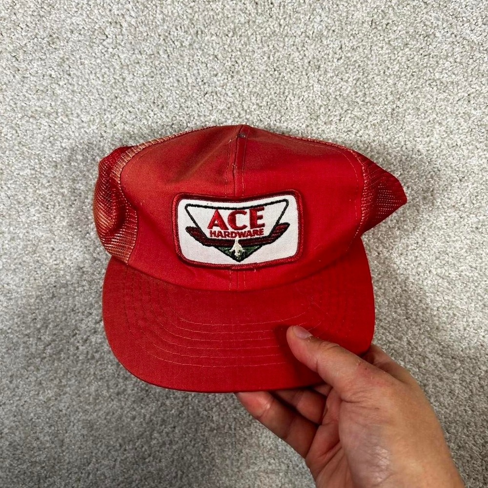 Vintage 80s ACE hardware red faded mesh trucker SnapBack hat cap